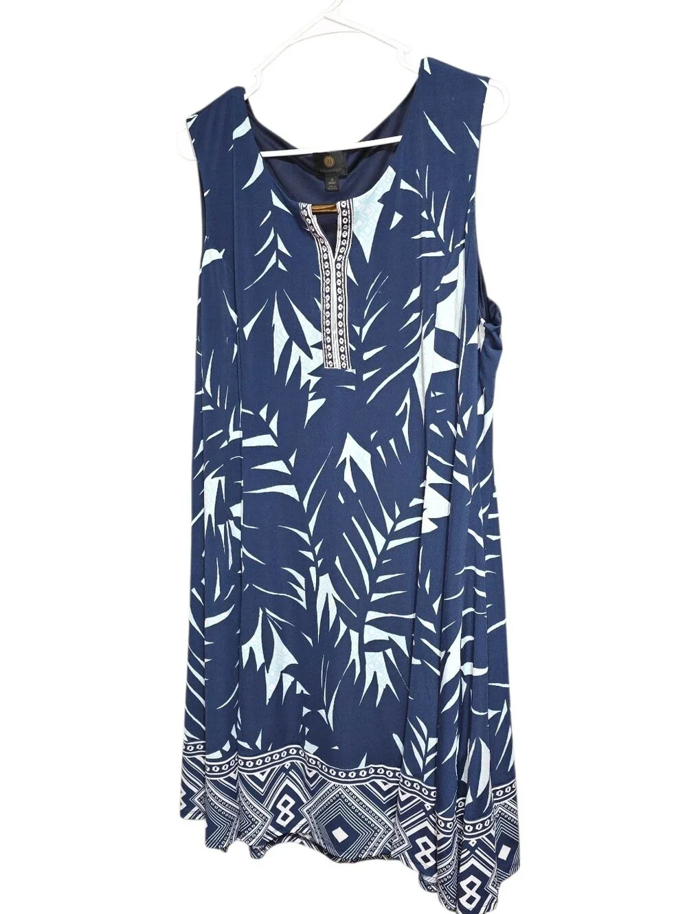 JM Collection plus size sleeveless A-line dress in navy and Lt Blue palm Print - Picture 3 of 11